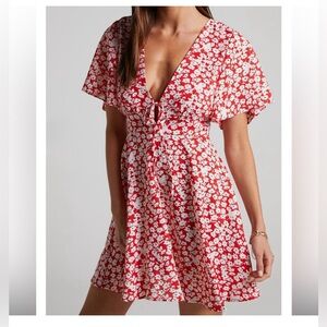 NWT- Showpo Rosario Mini Dress - Flutter sleeve V neck dress in red ditsy floral